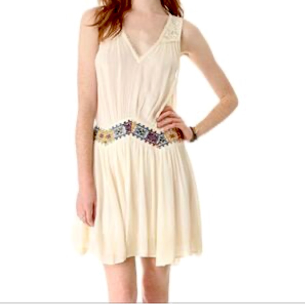 Free People Cream Sleeveless Dress with Embroidered Details women’s size medium